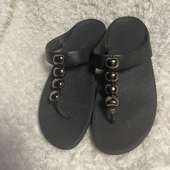 Fitflop leather black wedge thong sandals silver tone embellished SZ10 - Picture 1 of 9